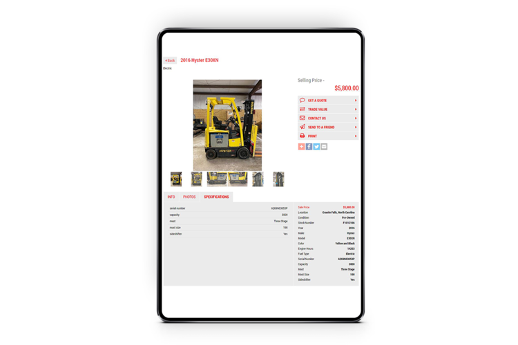 Inventory management - Enter the make and model and we fill in the rest.Easy, fill-in-the blank tabs that allow you to create professional listings in minutes, no technological experience needed.Standard specifications readily available—just enter the make and model of the unit.No double-entry—create a listing once and upload it to your website, eliftrucks.com, Craigslist, Ebay, and more.Highlight specific features on any unit using image overlay text. Embed a YouTube walk around video to give an all-encompassing viewing experience on any unit. Tag your inventory as either 'Featured' or 'Clearance' to draw more attention and online traffic to it.